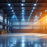 A photograph of a well-lit industrial space showcasing high bay lights in action