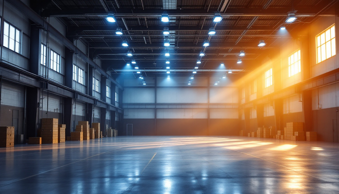 A photograph of a well-lit industrial space showcasing high bay lights in action