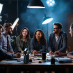 A photograph of a diverse team of professionals engaged in a hands-on lighting training session