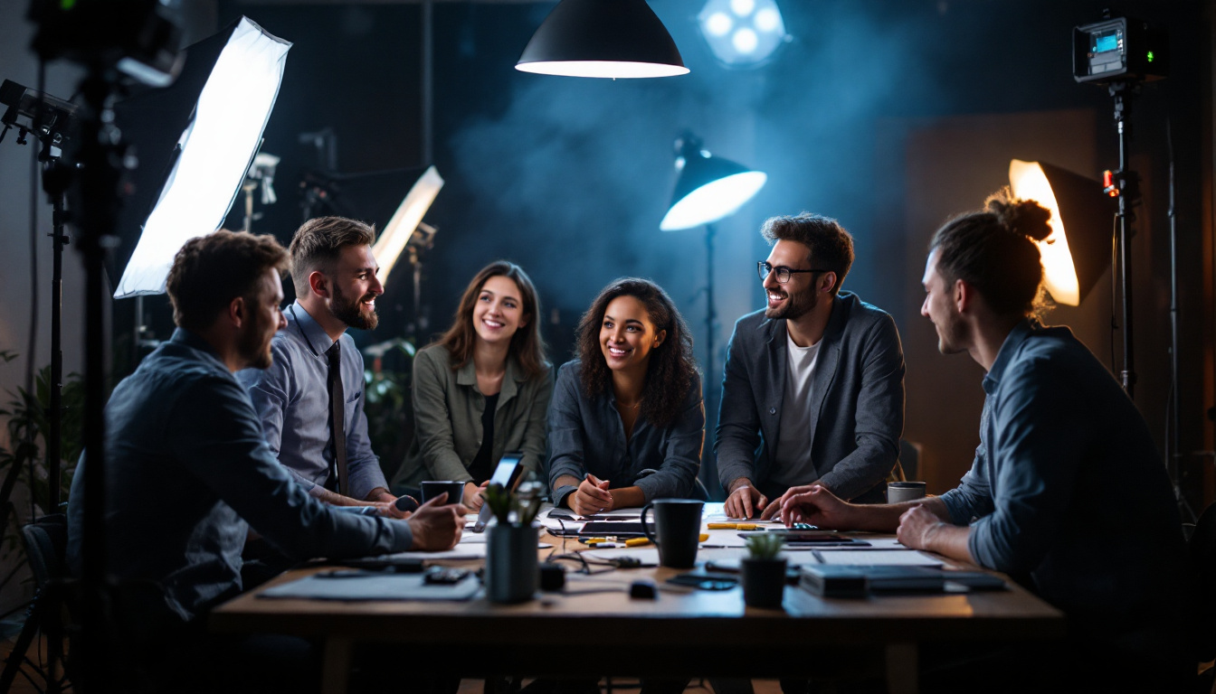 A photograph of a diverse team of professionals engaged in a hands-on lighting training session