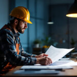 A photograph of a modern workspace featuring a 2x2 led flat panel light illuminating a contractor reviewing blueprints or plans