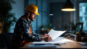 A photograph of a modern workspace featuring a 2x2 led flat panel light illuminating a contractor reviewing blueprints or plans