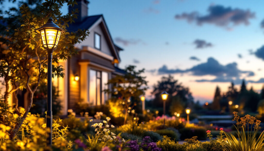 A photograph of a beautifully illuminated outdoor landscape at dusk