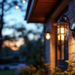 A photograph of a beautifully illuminated solar-powered porch light installed in a cozy outdoor setting during twilight