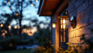 A photograph of a beautifully illuminated solar-powered porch light installed in a cozy outdoor setting during twilight