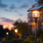 A photograph of a solar-powered lamp post illuminated at dusk