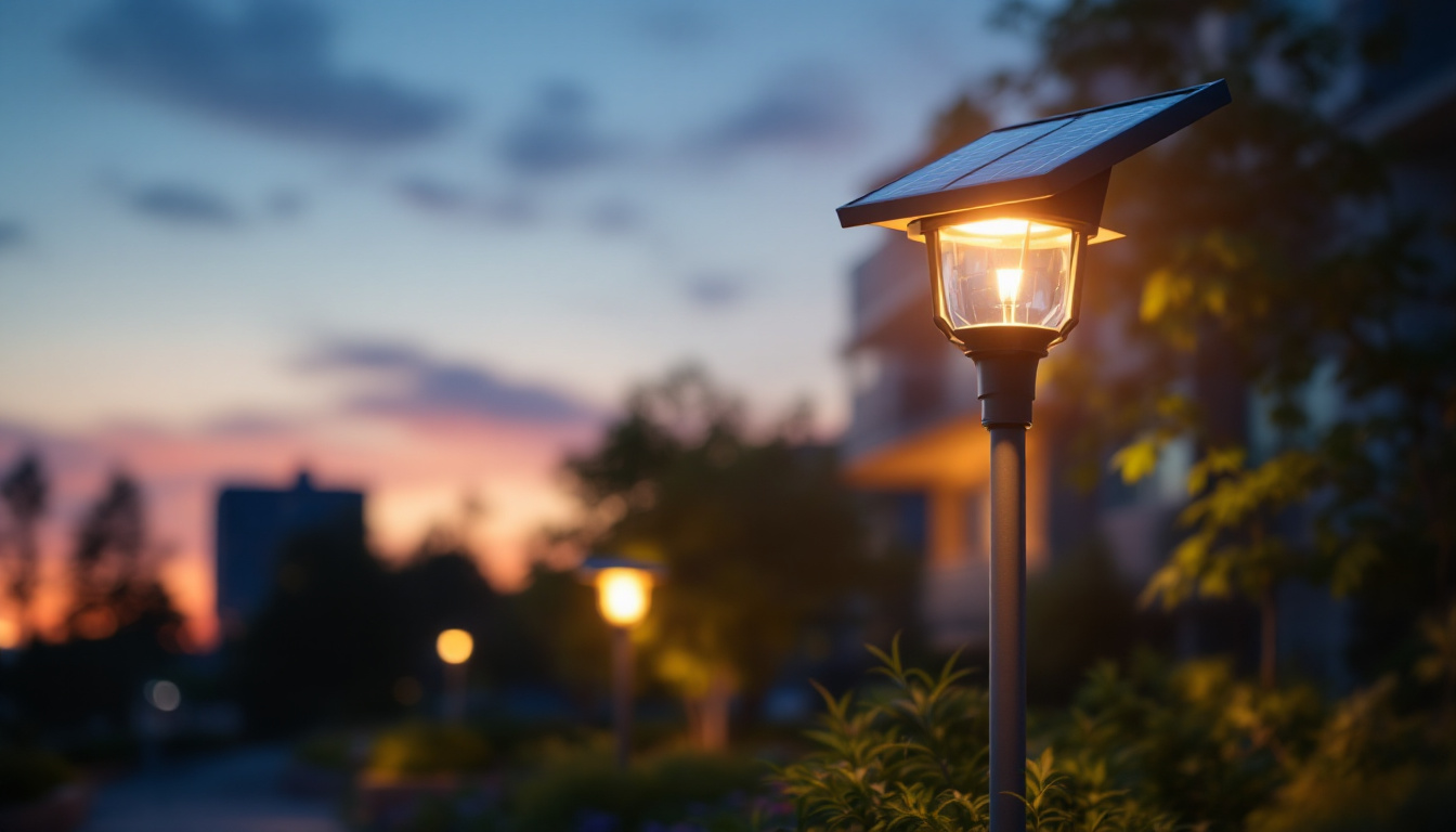 A photograph of a solar-powered lamp post illuminated at dusk