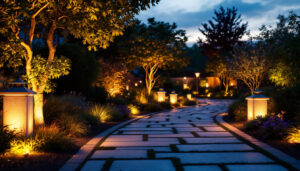 A photograph of a beautifully illuminated outdoor space at dusk