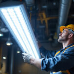A photograph of a professional lighting contractor installing or demonstrating an 8 ft led light fixture in a commercial or industrial setting