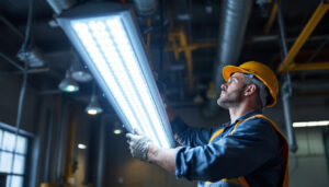 A photograph of a professional lighting contractor installing or demonstrating an 8 ft led light fixture in a commercial or industrial setting