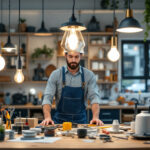 A photograph of a well-organized workspace featuring various hanging lamp parts