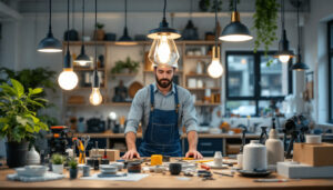 A photograph of a well-organized workspace featuring various hanging lamp parts