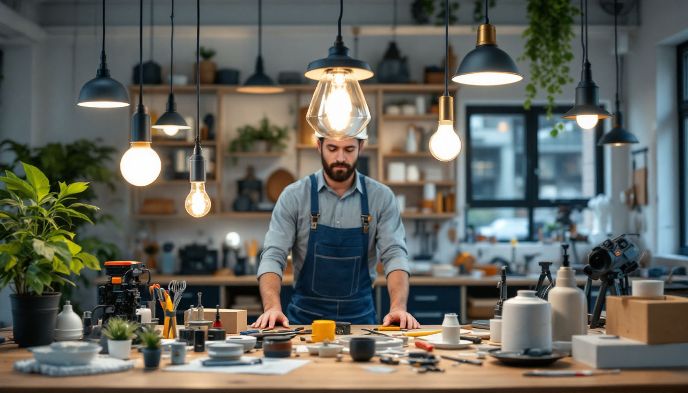 A photograph of a well-organized workspace featuring various hanging lamp parts