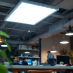 A photograph of a well-lit workspace featuring a 2x4 flat panel led fixture installed in a modern ceiling