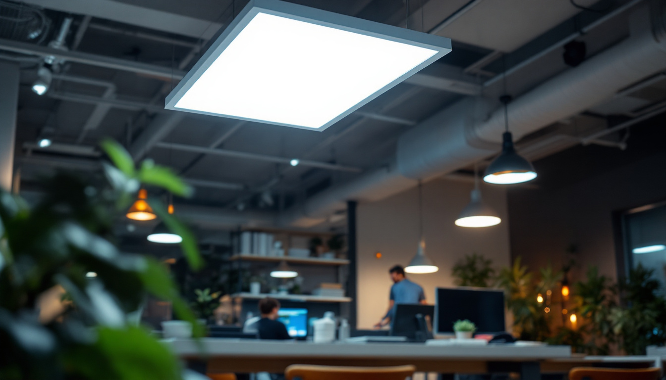 A photograph of a well-lit workspace featuring a 2x4 flat panel led fixture installed in a modern ceiling