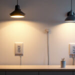 A photograph of a well-lit room showcasing various wall outlets and lighting fixtures
