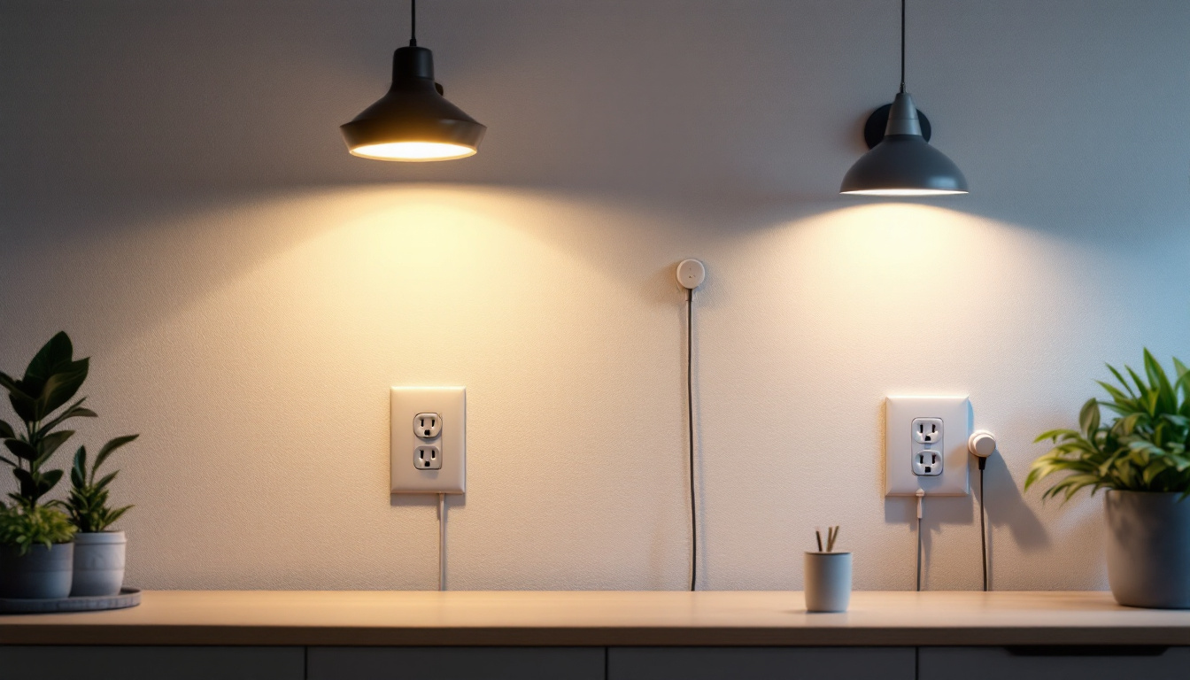 A photograph of a well-lit room showcasing various wall outlets and lighting fixtures