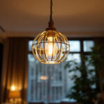 A photograph of a beautifully designed hanging ceiling light fixture in a stylish interior setting