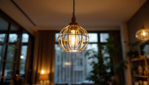 A photograph of a beautifully designed hanging ceiling light fixture in a stylish interior setting