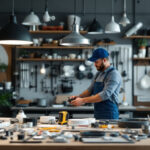 A photograph of a well-organized workspace featuring various hanging light fixture parts