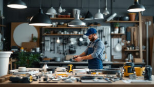 A photograph of a well-organized workspace featuring various hanging light fixture parts