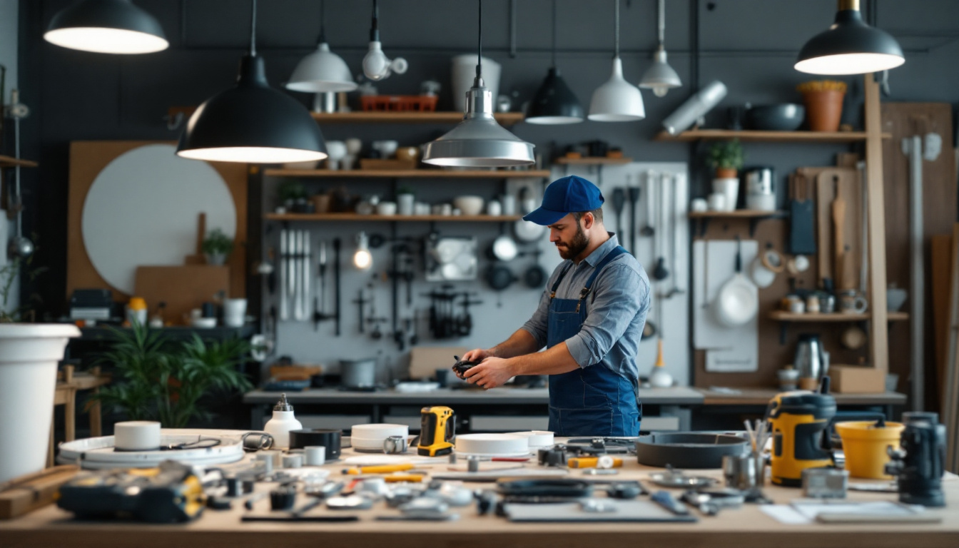 A photograph of a well-organized workspace featuring various hanging light fixture parts