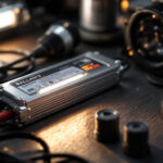 A photograph of a close-up of a light fixture ballast alongside various lighting components