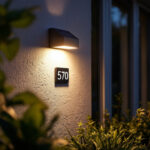 A photograph of a beautifully illuminated solar-powered house number light installed on a home's exterior