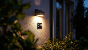 A photograph of a beautifully illuminated solar-powered house number light installed on a home's exterior