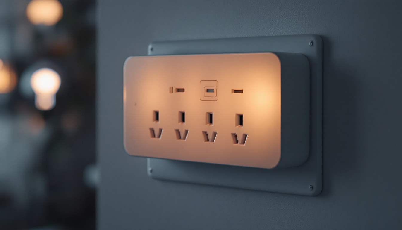 A photograph of a modern electrical outlet with multiple receptacles