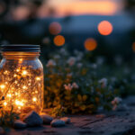 A photograph of a beautifully arranged mason jar solar lamp glowing warmly in an outdoor setting during twilight