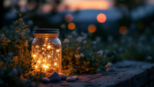 A photograph of a beautifully arranged mason jar solar lamp glowing warmly in an outdoor setting during twilight