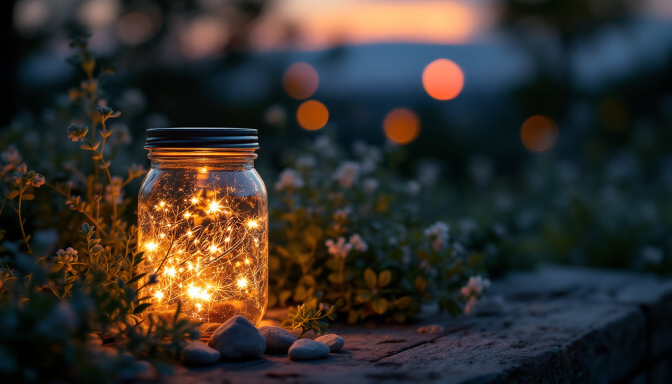 A photograph of a beautifully arranged mason jar solar lamp glowing warmly in an outdoor setting during twilight