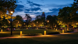 A photograph of a beautifully illuminated park at dusk