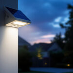 A photograph of a solar flood light with a motion sensor installed in a residential outdoor setting