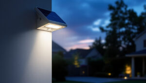 A photograph of a solar flood light with a motion sensor installed in a residential outdoor setting