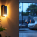 A photograph of a modern indoor space illuminated by motion detector lights