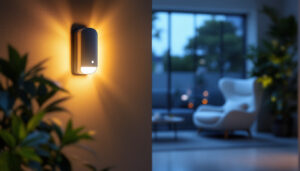 A photograph of a modern indoor space illuminated by motion detector lights