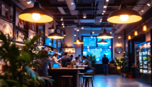 A photograph of a well-lit commercial space showcasing led canopy light fixtures installed in a vibrant