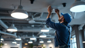 A photograph of a well-lit workspace featuring a lighting contractor installing led high hats in a modern ceiling