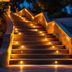 A photograph of a beautifully lit outdoor staircase at dusk