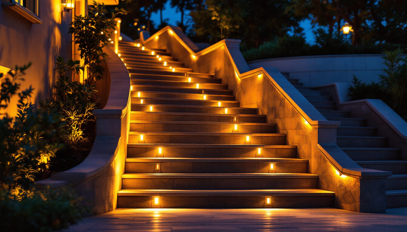 A photograph of a beautifully lit outdoor staircase at dusk
