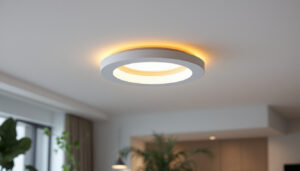 A photograph of a beautifully designed pot light trim ring installed in a stylish interior space
