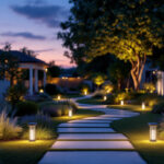 A photograph of a beautifully lit outdoor landscape featuring solar led landscape lights illuminating pathways