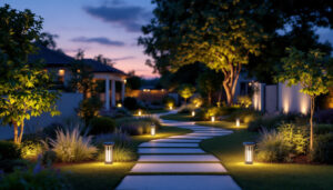 A photograph of a beautifully lit outdoor landscape featuring solar led landscape lights illuminating pathways
