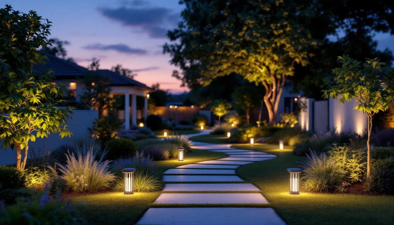 A photograph of a beautifully lit outdoor landscape featuring solar led landscape lights illuminating pathways