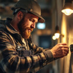 A photograph of a professional lighting contractor working with a dimmable led driver