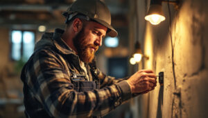 A photograph of a professional lighting contractor working with a dimmable led driver