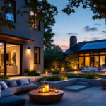 A photograph of a beautifully illuminated outdoor space featuring modern solar-powered house lights