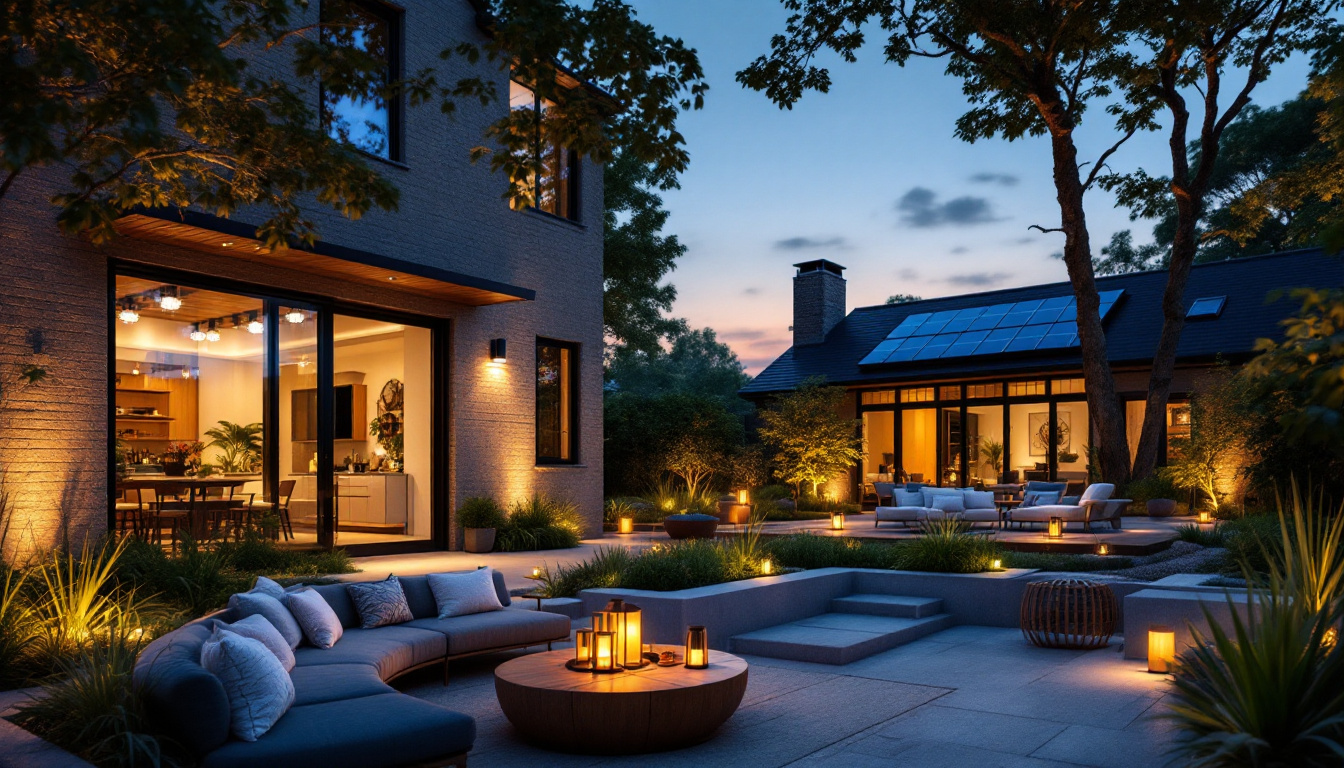 A photograph of a beautifully illuminated outdoor space featuring modern solar-powered house lights